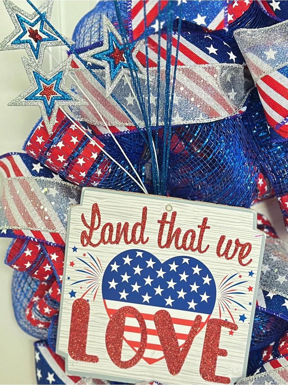 Patriotic Stars & Stripes Deco Mesh Wreath | 26” July 4th Door Decor USA Sign